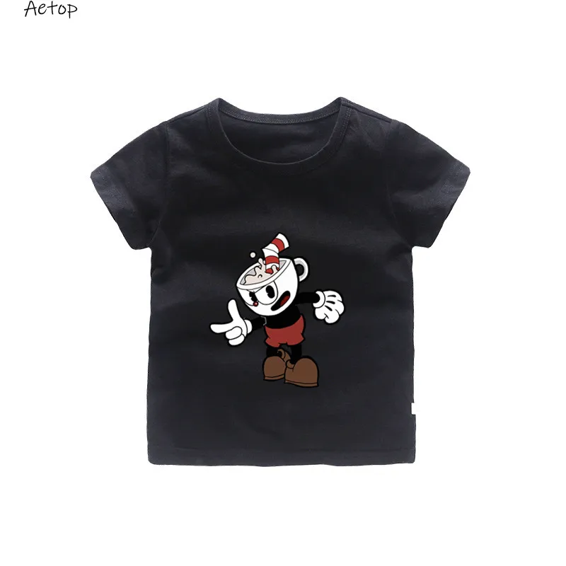 black От 2 до 12 лет футболка детская футболка с короткими рукавами Cuphead And Mugman, футболка с дьяволом Детская летняя одежда b909 - Цвет: black