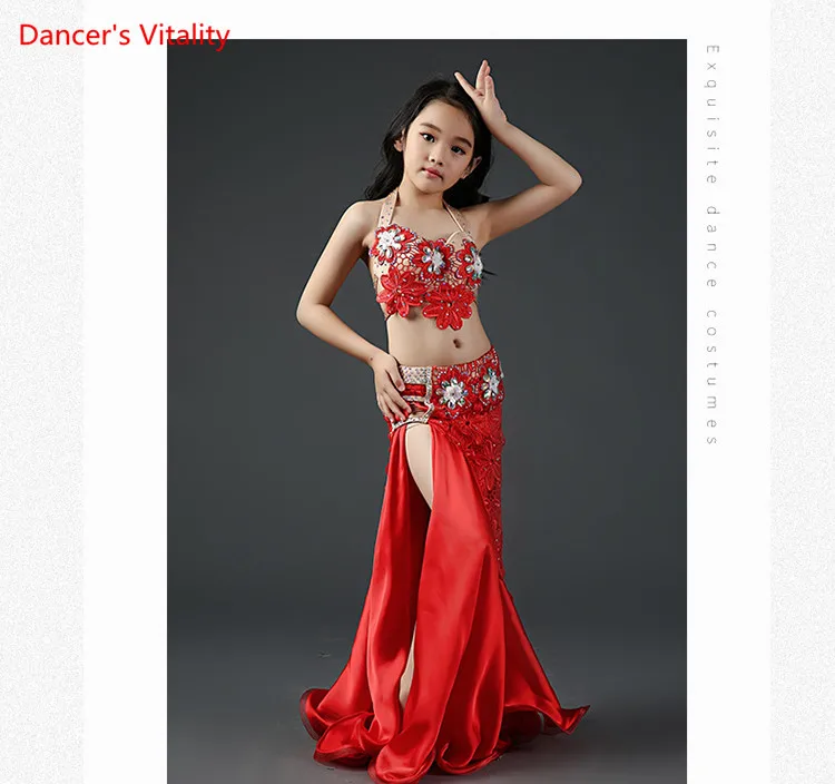 Роскошные Модальные+ Кружева Высокого Качества Костюмы Bellydance Kid Девушки Производительность Танец Живота Горный Хрусталь Бюстгальтер Топ+ юбка 2 шт. / Компл
