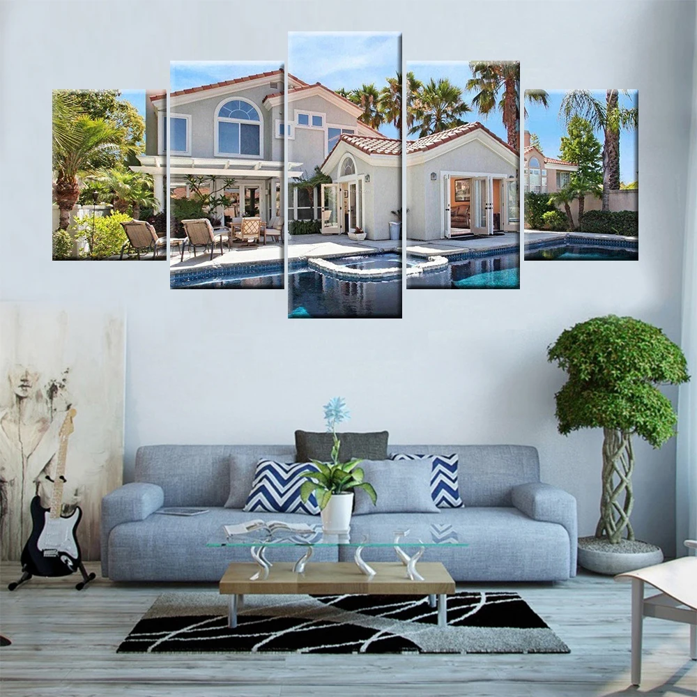 5 шт. HD печати живопись курорт villa house площадью Модульная картина для современные