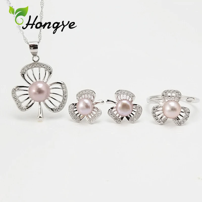 

Hongye Jewelry Pearl Set Hollow Floral Silver 925 Stud Earrings Ring Fashion Silver Pendent Necklaces Bridal Wedding Jewelry Kit