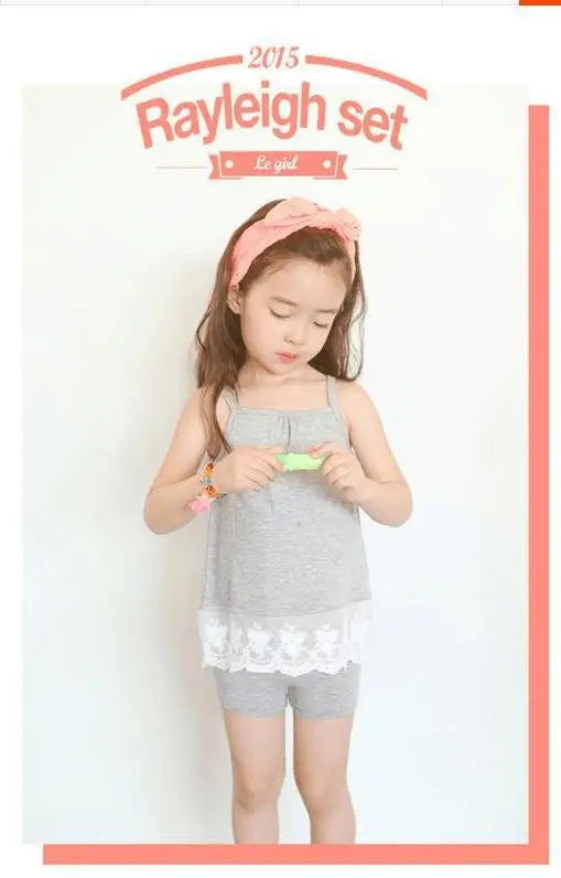 Fashion Europe and America style children outfits Suits grils sleeveless camisole lace tops+Pure color shorts 2pcs sets kids clo |