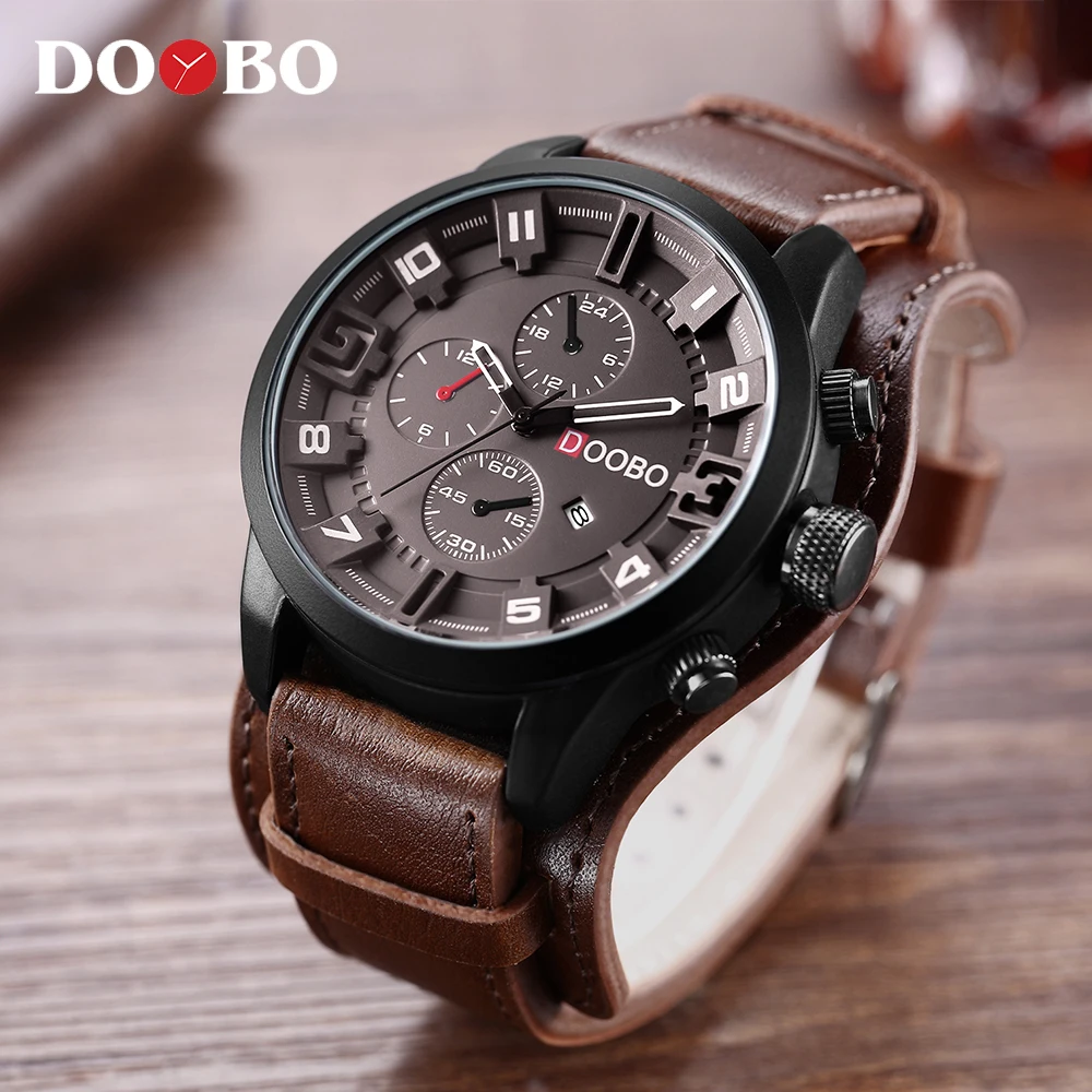 brown DOOBO мужские военные спортивные кварцевые часы мужские s брендовые роскошные кожаные водонепроницаемые мужские наручные часы Relogio Masculino 8225 Прямая поставка - Цвет: brown
