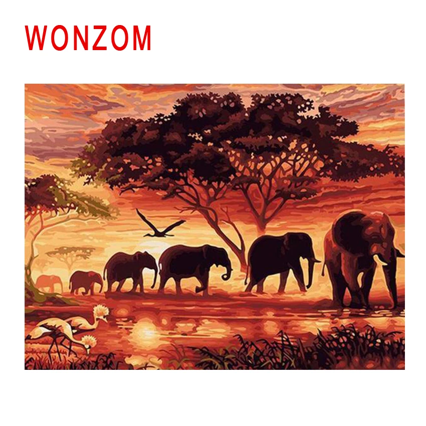 WONZOM Elephant Group Diy Краска для рисования по номерам закат масляная краска ing Cuadros Decoracion