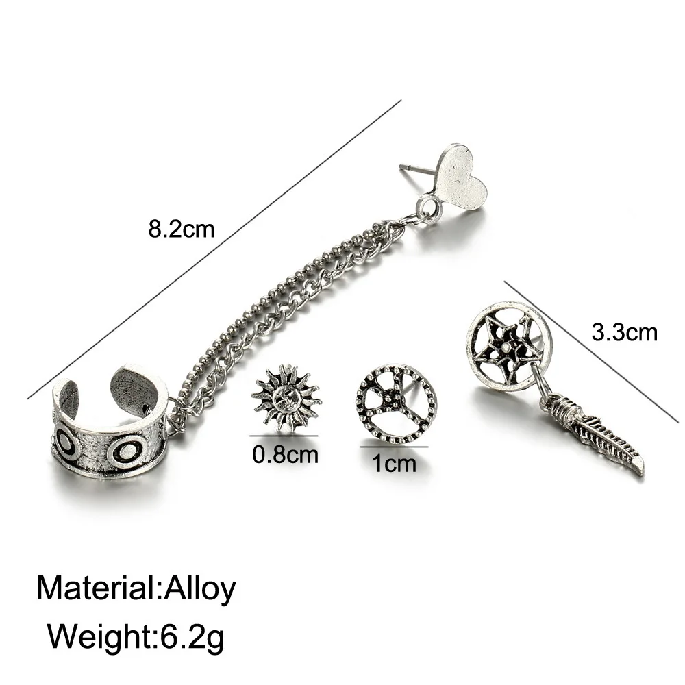 New Vintage Fashion Sun Leaves Heart Combination Sets Stud Earrings Long Chain 4Piece Punk Metal Statement Earring Women Jewelry | Украшения