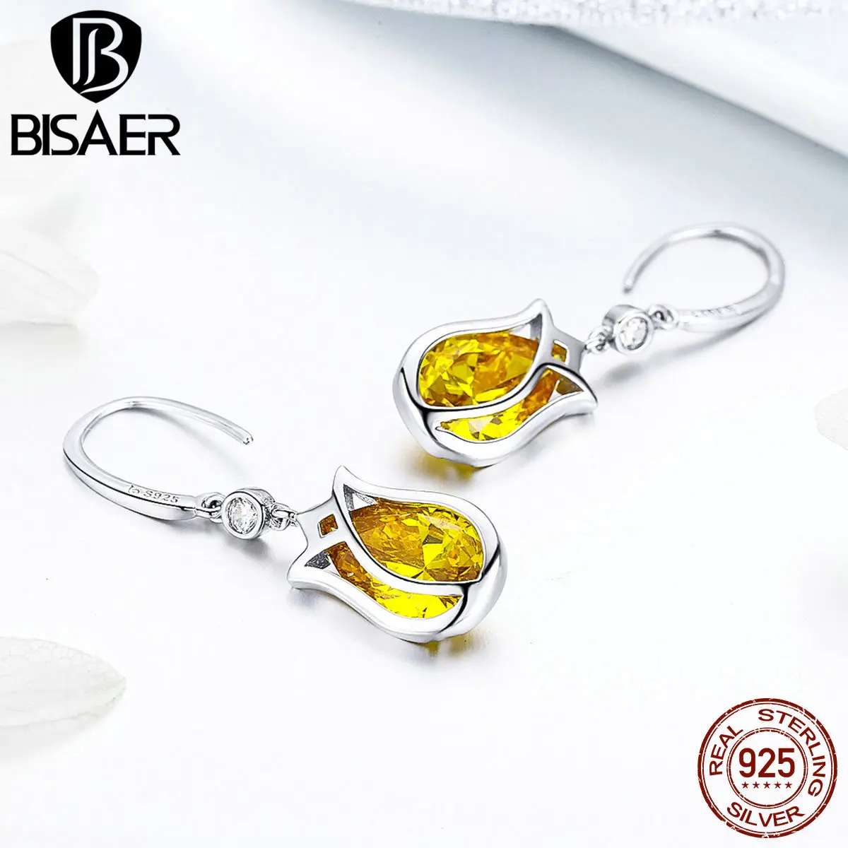 BISAER, новинка, 925 пробы, серебряные бутоны орхидеи, тюльпаны, цветы, висячие серьги для женщин, элегантные циркониевые серьги, ювелирное изделие EFE065