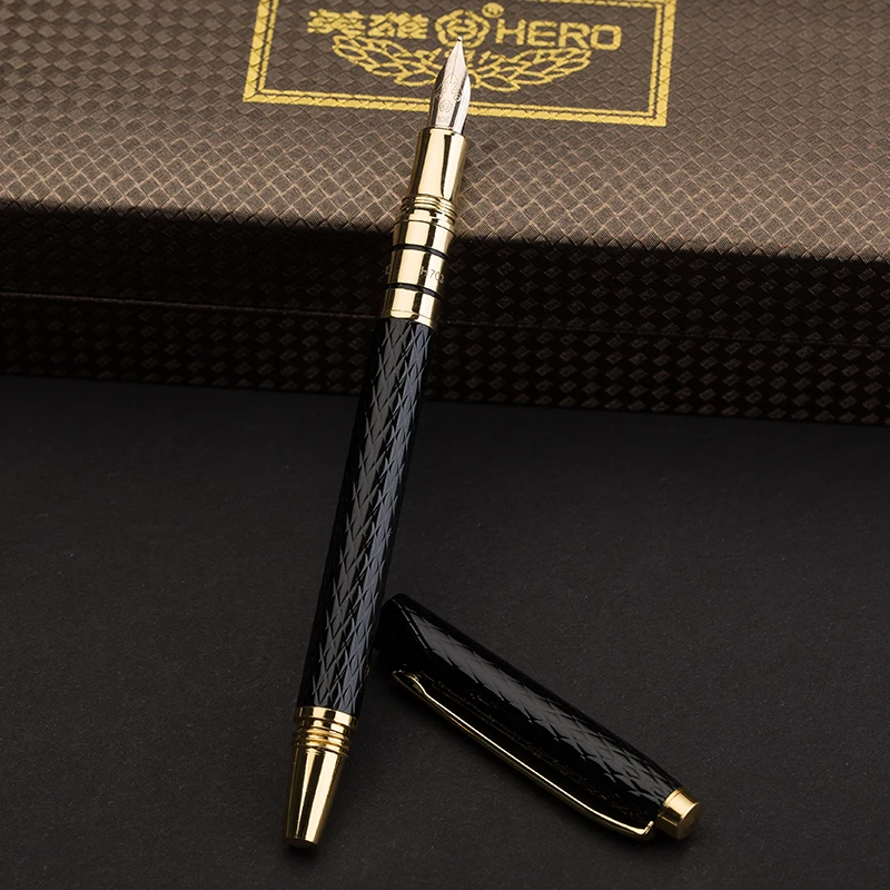 Новинка Металлическая черная перьевая ручка Hero 10K Gold Nib длинная чернильная
