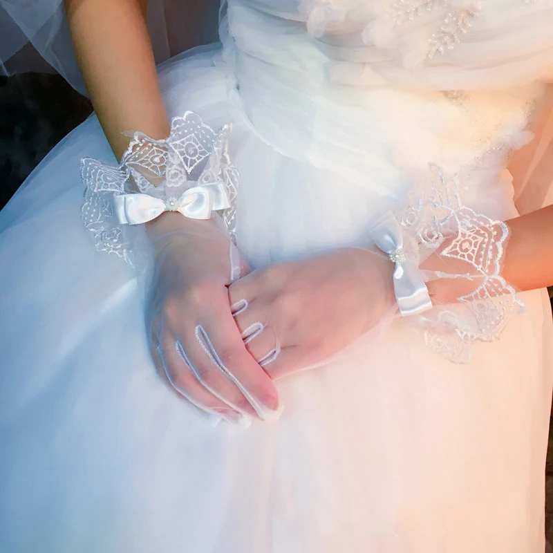Fashion Bride Wedding Lace Bow Solid Color Full Finger Gloves Wrist Length Female Prom Dress European and American Accessories | Свадьбы и