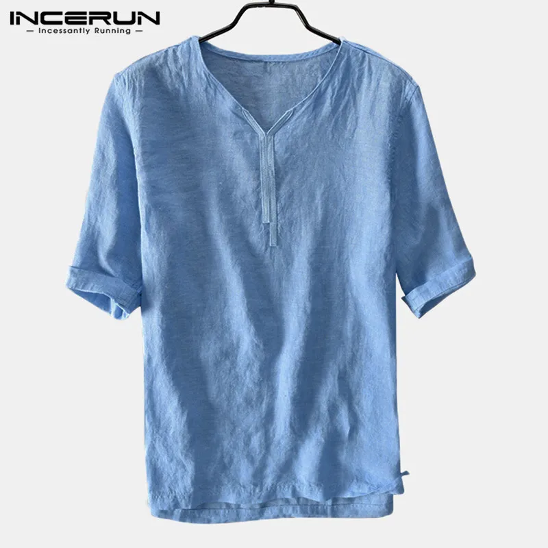 Blue Shirt Летние богемные мужские рубашки, пуловеры, Camisa Hombre, Повседневная рубашка в винтажном стиле, с коротким рукавом, v-образный вырез, модная Мужская одежда Женская сорочка - Цвет: Blue Shirt