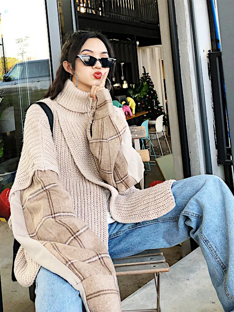 Свитер для влюбленных новинка 2019 вязаный клетчатый свитер с высоким воротником и