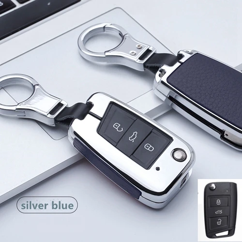 A key silver blue Автомобильный кожаный чехол для ключей, держатель для VW Golf 7 Polo Bora MK7 MK6 Passat для Skoda Octavia A7 Kodiaq Seat Leon Ibiza, откидной ключ - Название цвета: A key silver blue