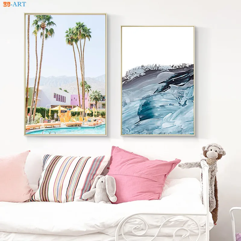 Абстрактный Океанский плакат с волнами бассейн пальмы принты пейзаж холст
