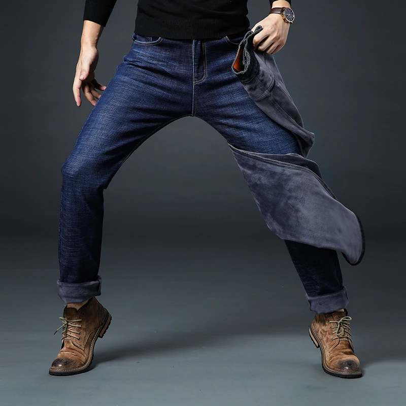 

2019 Winter New Men's Warm Black Jeans Elasticity Slim Fit Thicken Denim Pants Brand Trousers Male Bule Big Size 38 40 42 44 46