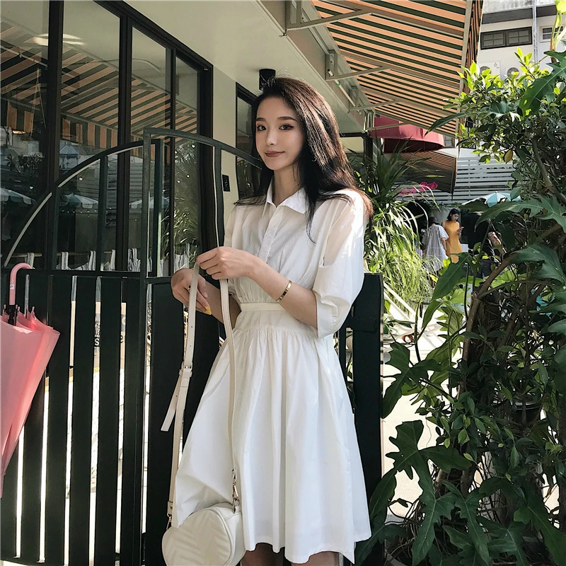 

Plus Size Women's White Dress Summer 2019 Half Sleeve Corset A-Line Loose Shirt Ladies Dress Solid Pleated Casual Women Dresses