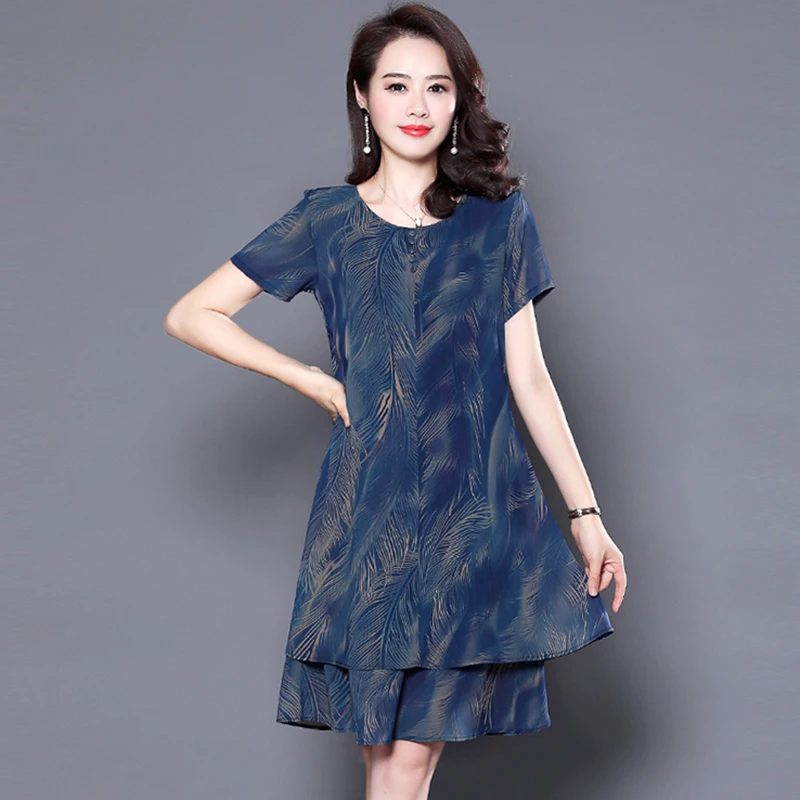 

Summer Chiffon Dress Women Concise O-neck Short Sleeve Mini Dress Print Floral Chiffon Loose Dress Mid-aged Female Dress FP0907