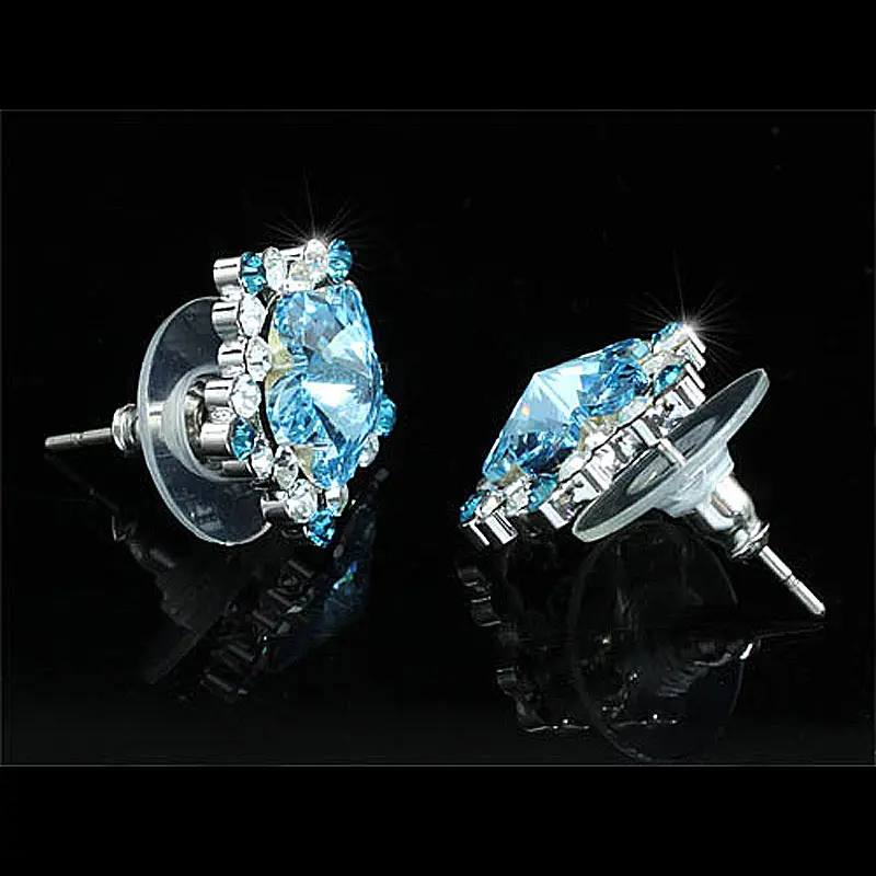 Серьги пусеты с павлином звездочкой Аква синим цветком австрийскими кристаллами