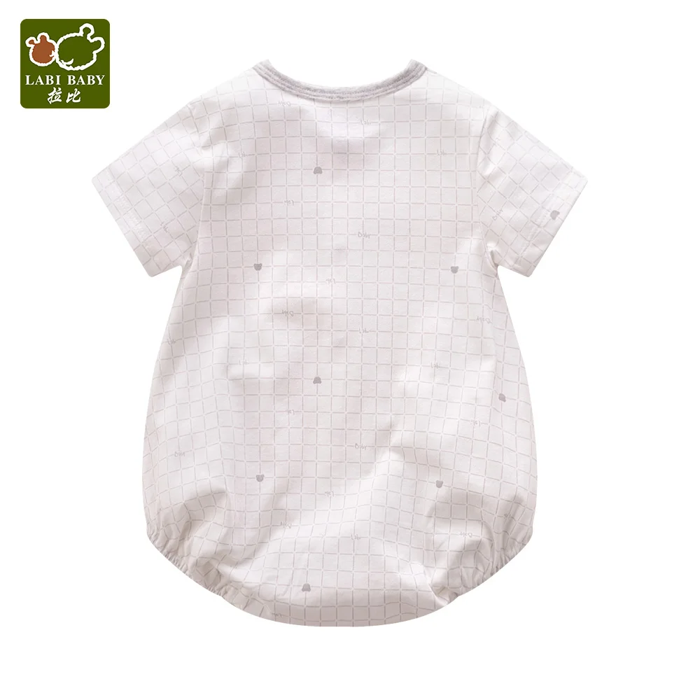 LABIBABY Beige Short Sleeve Bodysuits Plaid Anti Collar Single-breasted Unisex One Pieces Summer Clothes for Infant Boys &amp Girls |