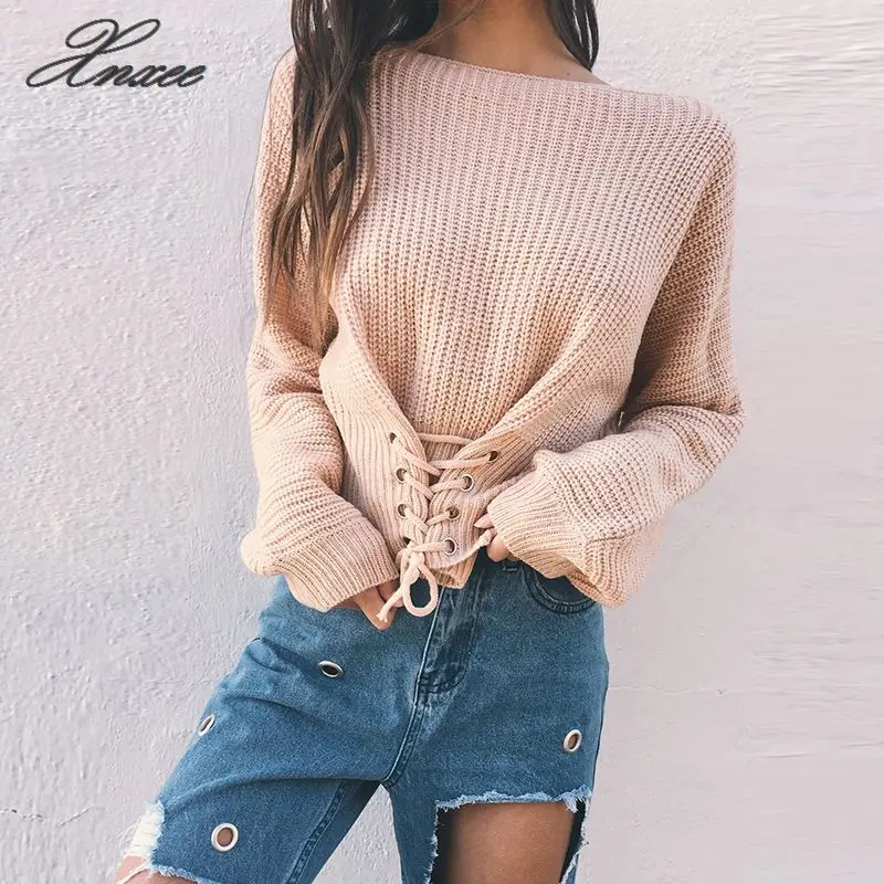 

2020 autumn and winter new simple solid color round neck sweater sweater tie rope waist