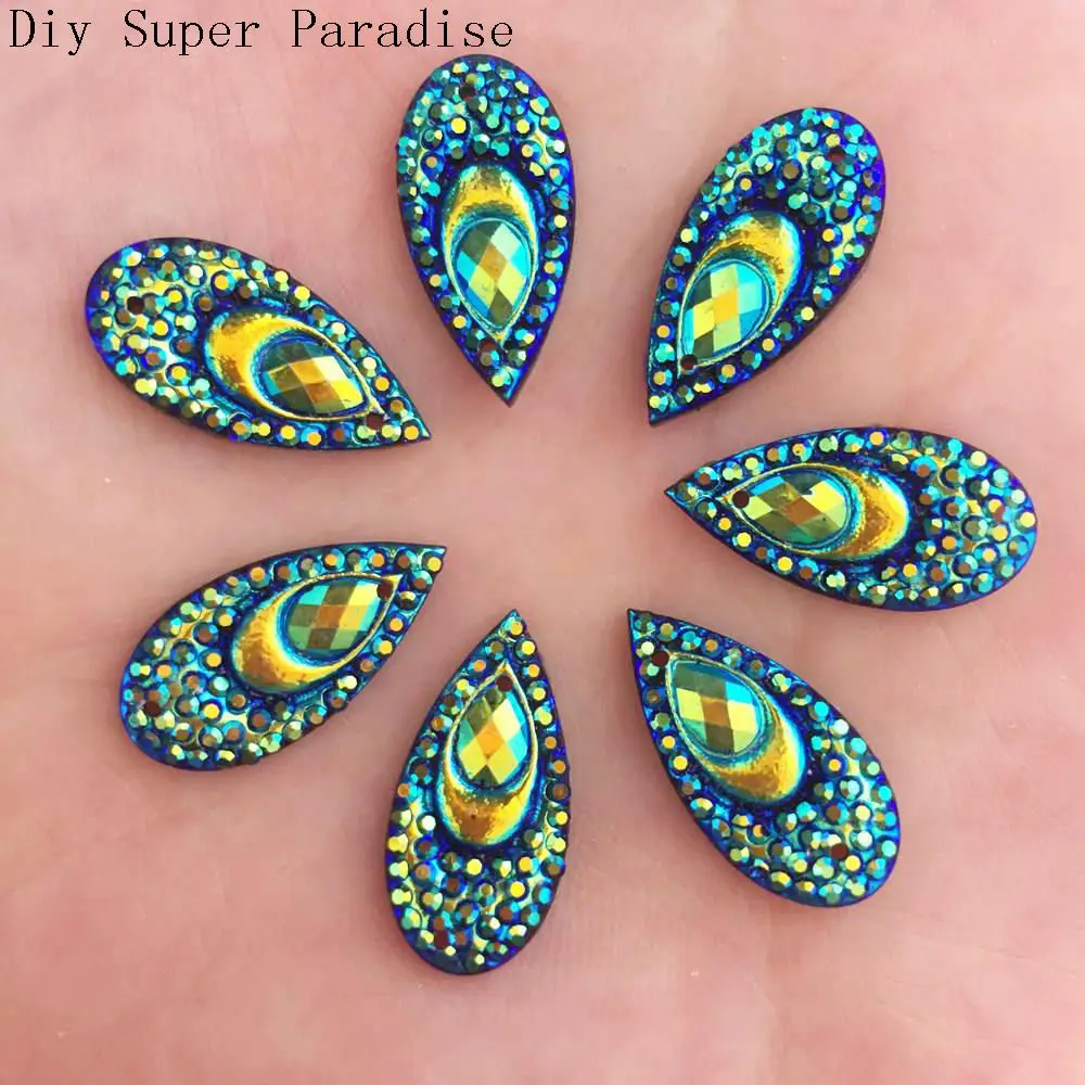 Hot 20pcs 10mm*20mm AB Drop Resin Peacock Eye Flatback Rhinestone Wedding Diy Buttons 2 Hole K83 | Дом и сад