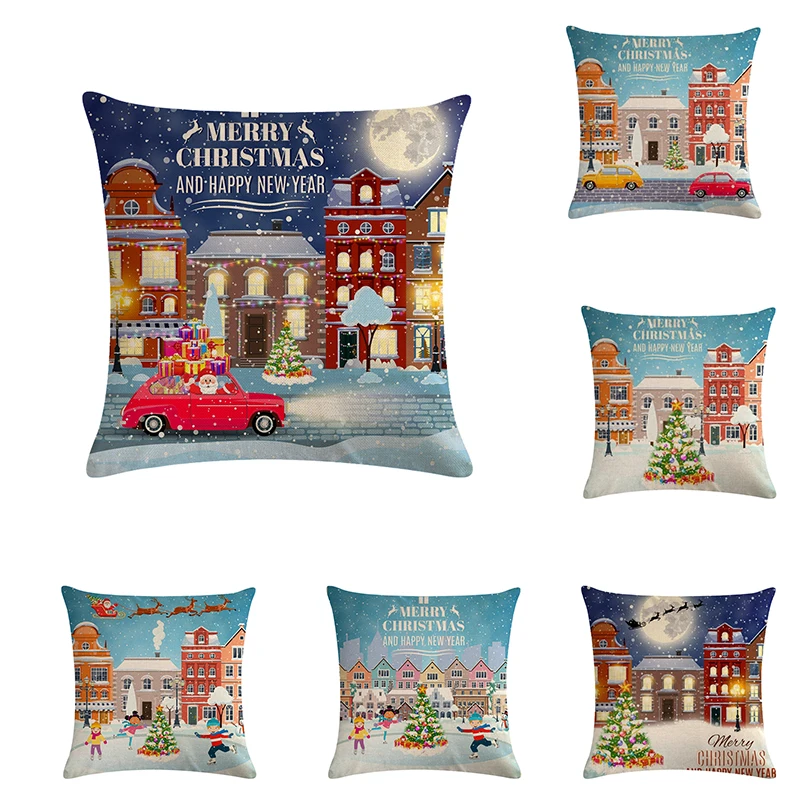 

Christmas Decoration Winter Snow Covered Houses Scenery Painting Sofa Throw Pillow Case Cotton Linen Cushion Cover ZY831