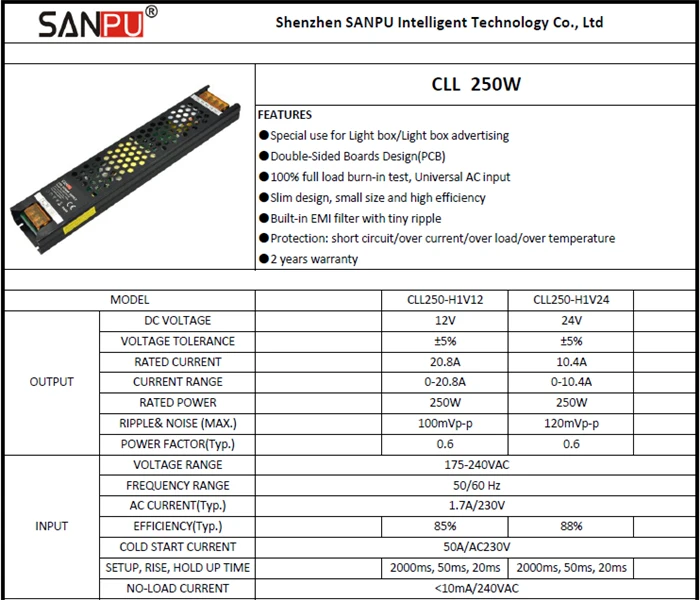 SANPU 12 V тонкий источник питания блок 250 W 20A с длинным рукавом на плоской подошве постоянного Напряжение 12VDC Светодиодный драйвер для светодиодный световой короб реклама CLL250-H1V12