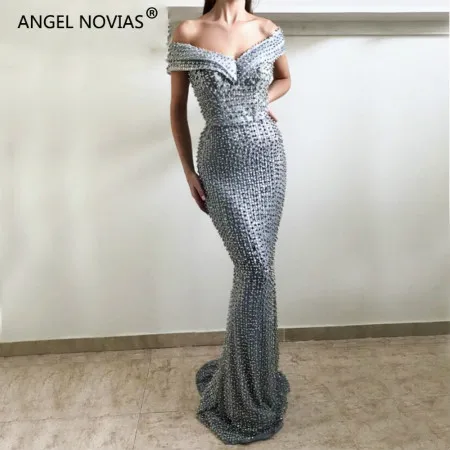 ANGEL NOVIAS длинные Русалочки серые Abendkleider Дубай Саудовская Арабский V шеи женские вечерние платья с жемчугом Avondjurken - Цвет: Серый