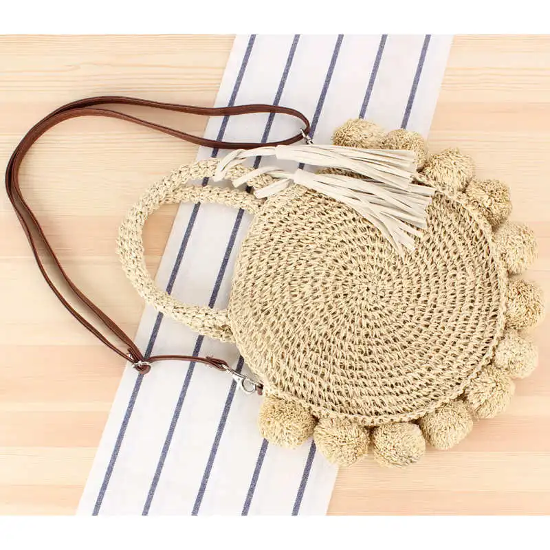 beige Новые пляжные тканые сумки, летняя женская модная круглая сумка, плетеная Сумка из ротанга на плечо, дорожная соломенная сумка - Цвет: beige