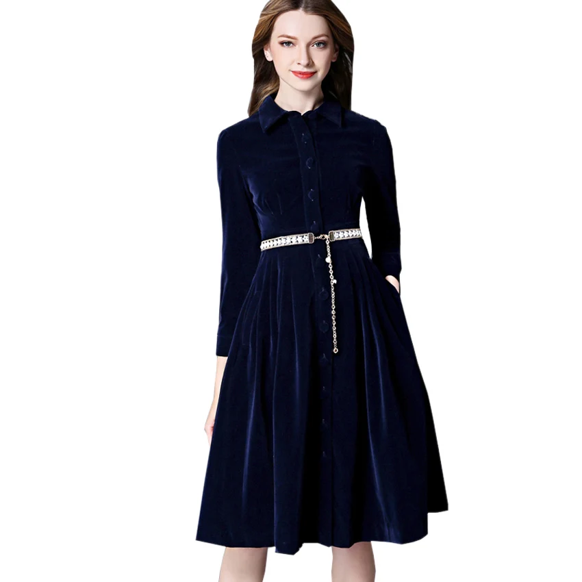 Осенне зимнее платье 2017 новое модное женское однобортное бархатное с длинным