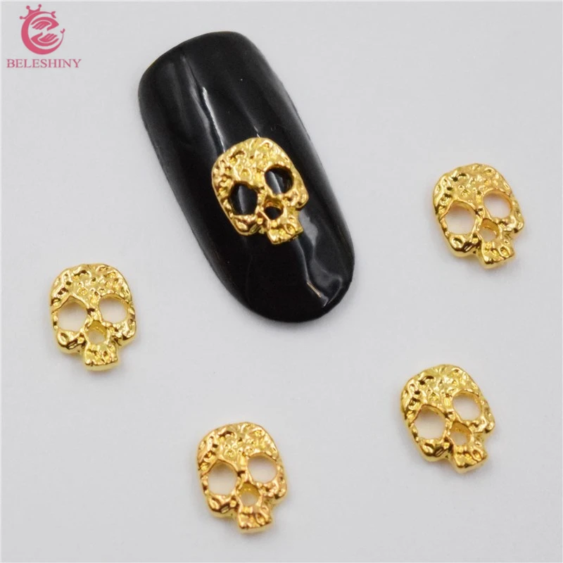 10psc новый золотой череп 3D украшения для ногтей сплав подвески Стразы #065|nail charms|3d