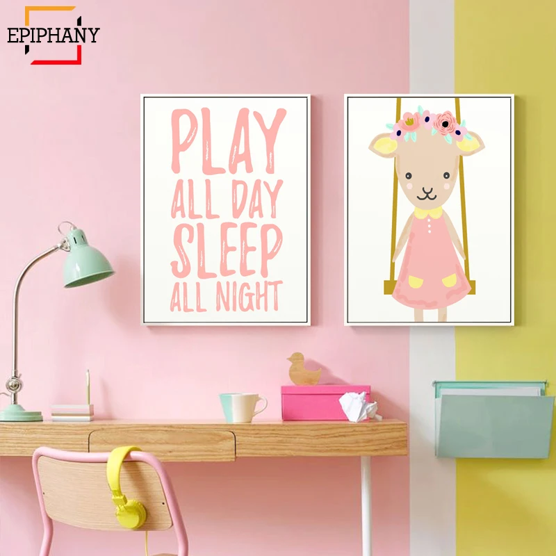 Baby Girl Nursery Wall Art Print Play All Day Sleep Night Quote Anime Poster Canvas Painting Picture Kids Bedroom Decoration|Рисование и
