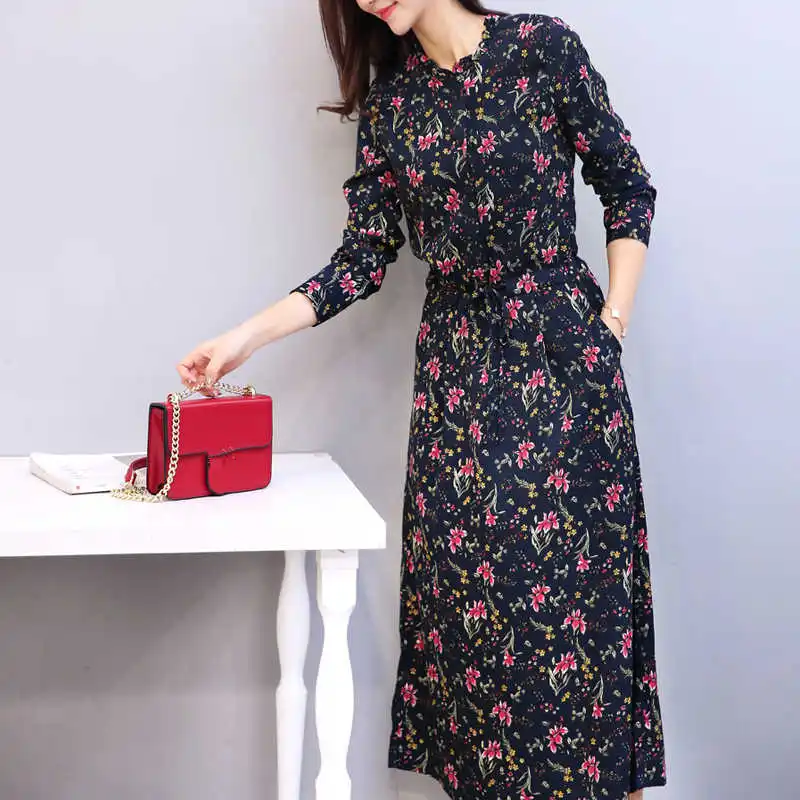 Женское шифоновое платье Vestidos осенне-зимнее с длинным рукавом и цветочным