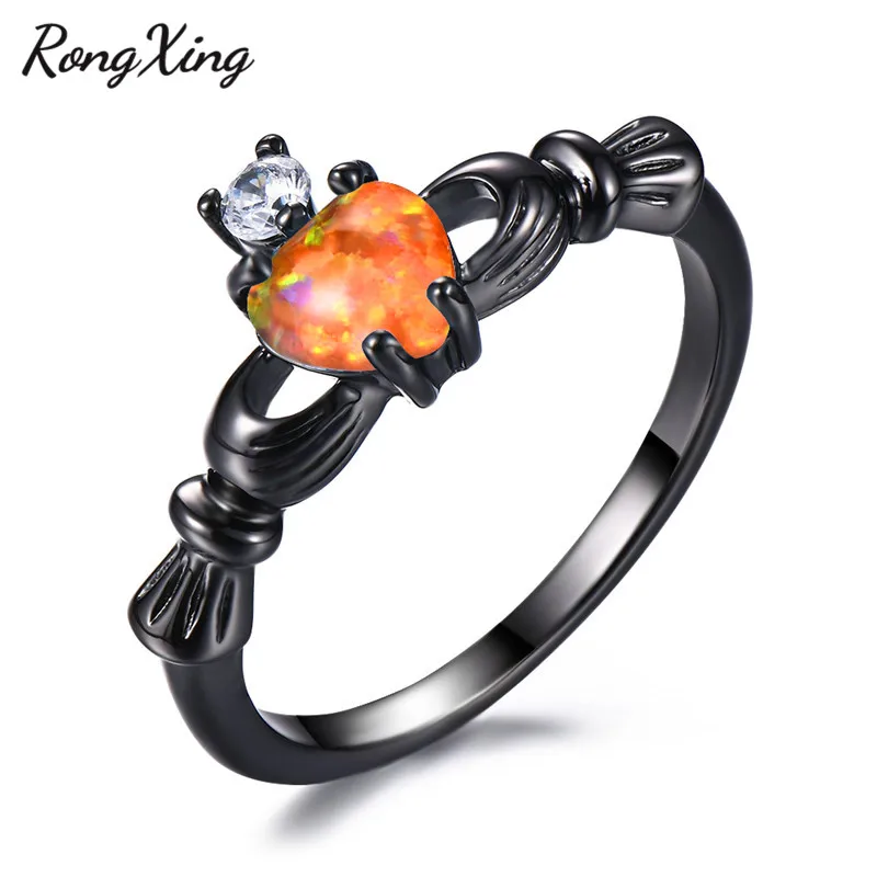 Orange Opal RongXing Мистик Радуга огненный опал/Циркон Сердце кладдахские кольца для женщин мужчин свадебные Черное золото заполненный разноцветный камень кольцо - Цвет основного камня: Orange Opal