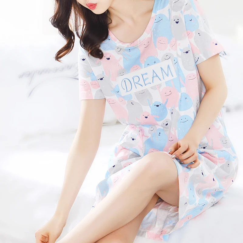 

2018 Summer Lovely Sleep Lounge Women Sleepwear Cotton Nightgowns Cartoon Indoor Clothing Home Dress Nightdress AD218