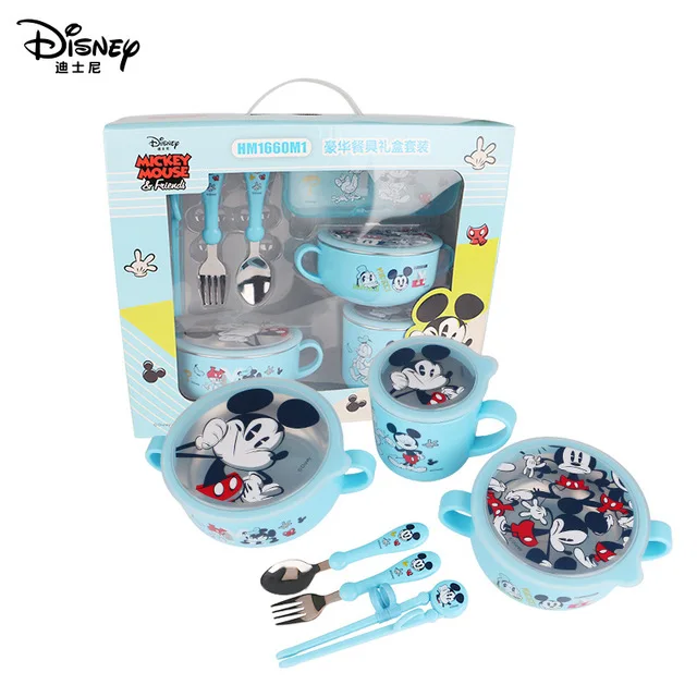 Mickey blue Детский набор посуды disney из 6 предметов, чаша для кормления детей, Микки, Минни, чашка для молока, палочки для еды, ложки и вилки - Цвет: Mickey blue