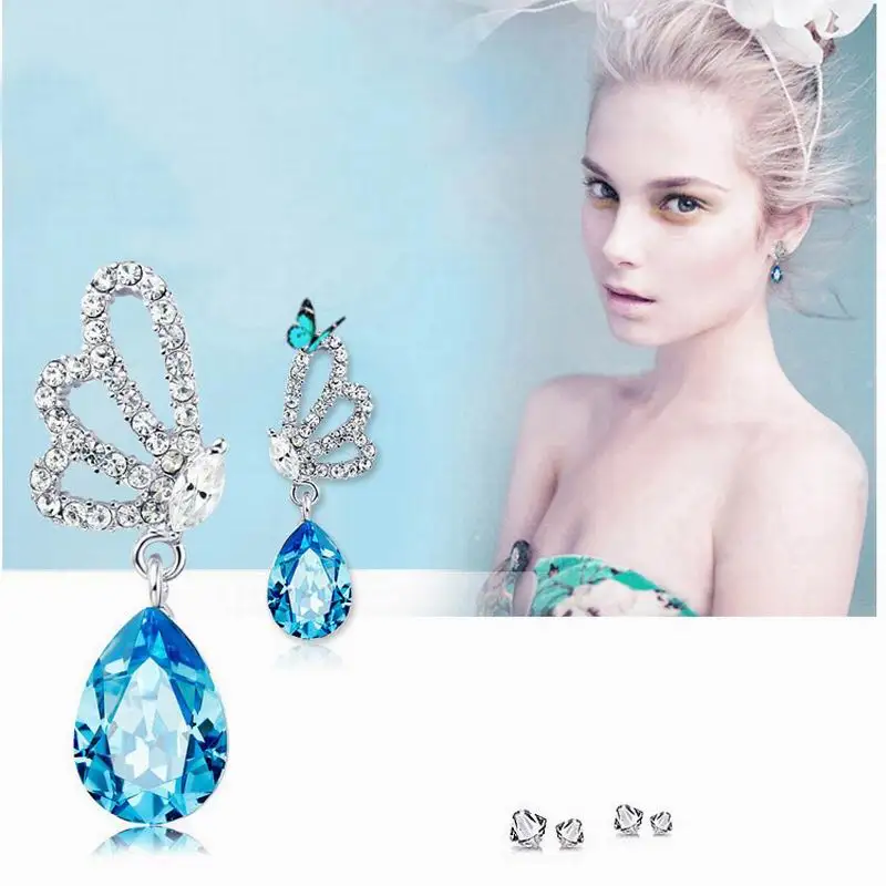 4Pairs wholesale Fashion Party Silver color Rhinestone Crystal Cute Lovely Butterfly Water Drop Earrings for women Jewelry | Украшения и