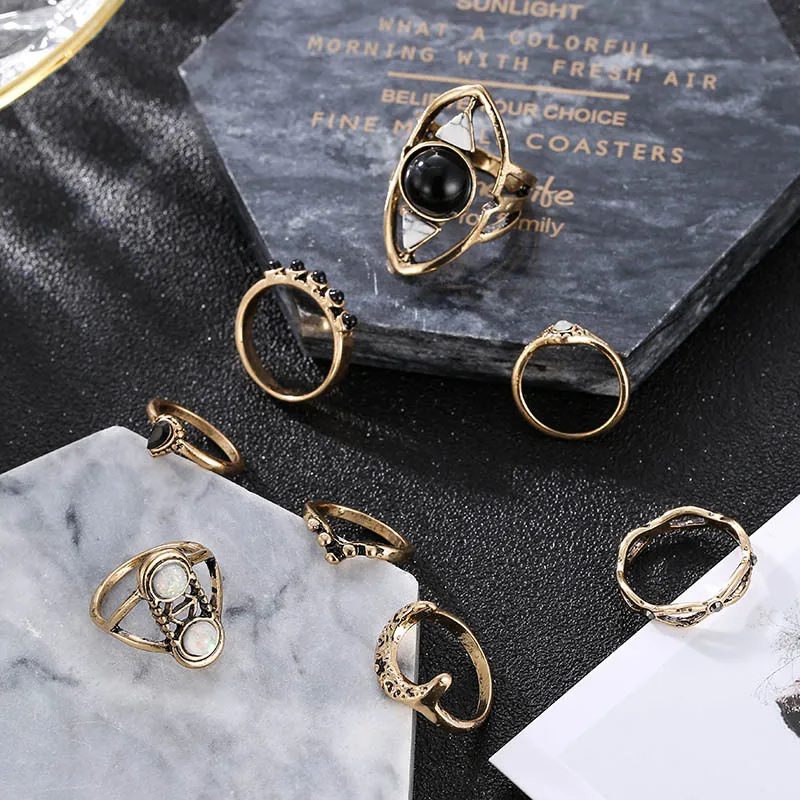 8 Pcs/set Trendy Gold Alloy Metal Geometric Rings For Women 2019 Fashion Vintage Black Resin Rhinestone Ring Set Party Jewelry | Украшения