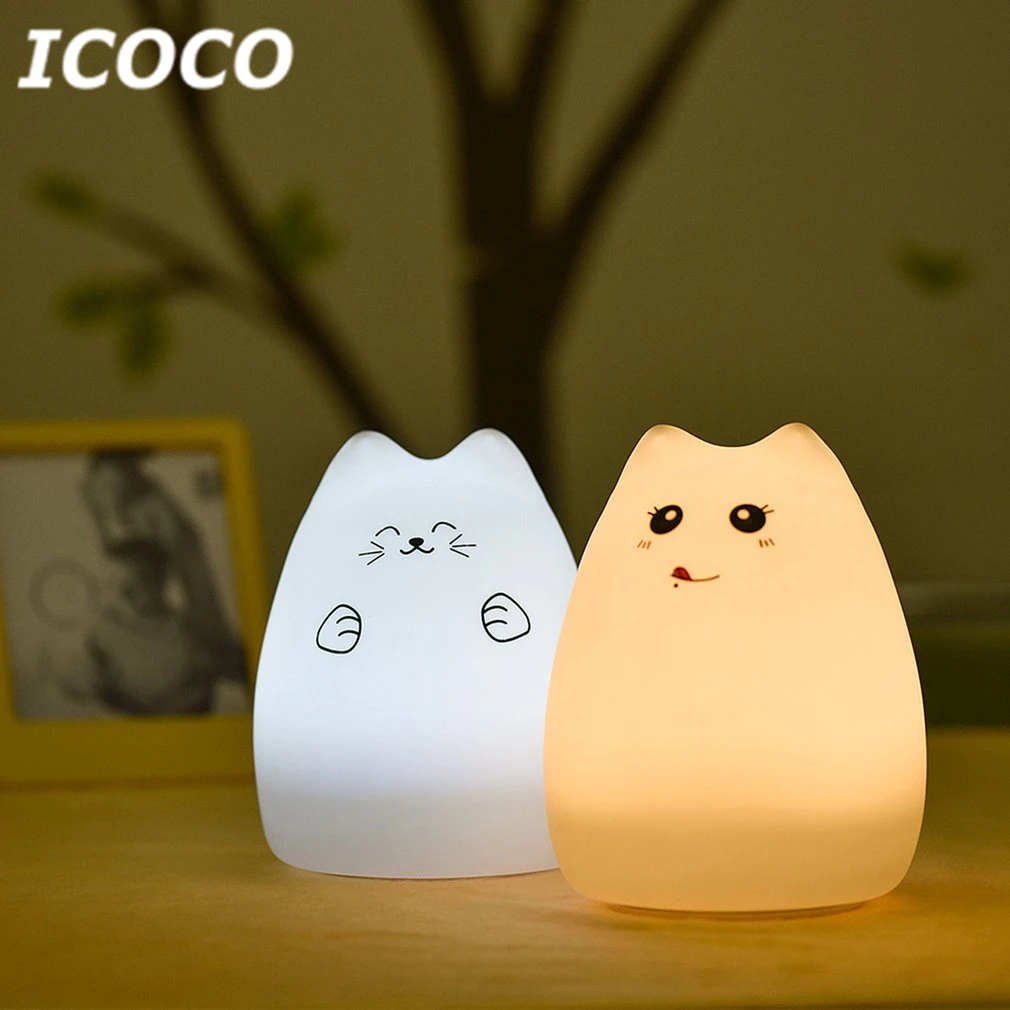ICOCO 7 цветов сменная Милая мультяшная кошка из мягкого силикона Ночник подарок