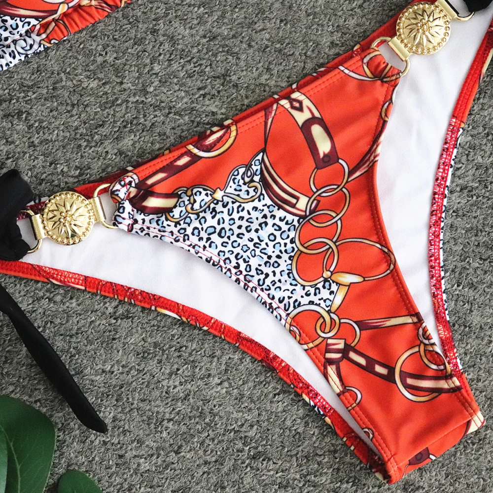 

Metal decoration female swimsuit separate Push up halter swimwear women 2019 bathing suit Brazilian print bikini top bather