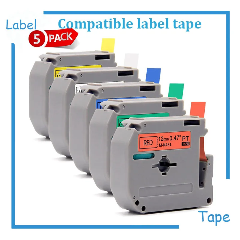 

5pk Mixed colors Brother Ptouch M tapes black on white/yellow/red/blue/green M-K231 MK631 MK431 MK531 MK731