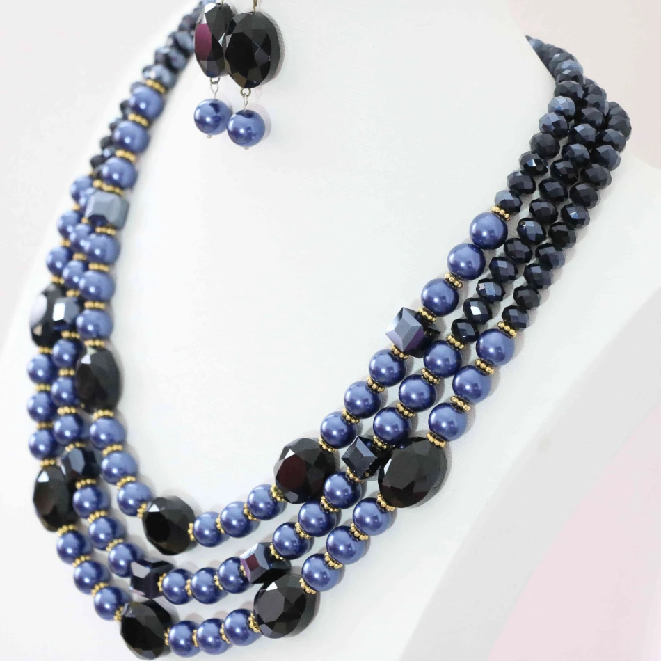 Серьги 3 ряда ожерелье синий круглый корпус имитация жемчуга счеты овальные