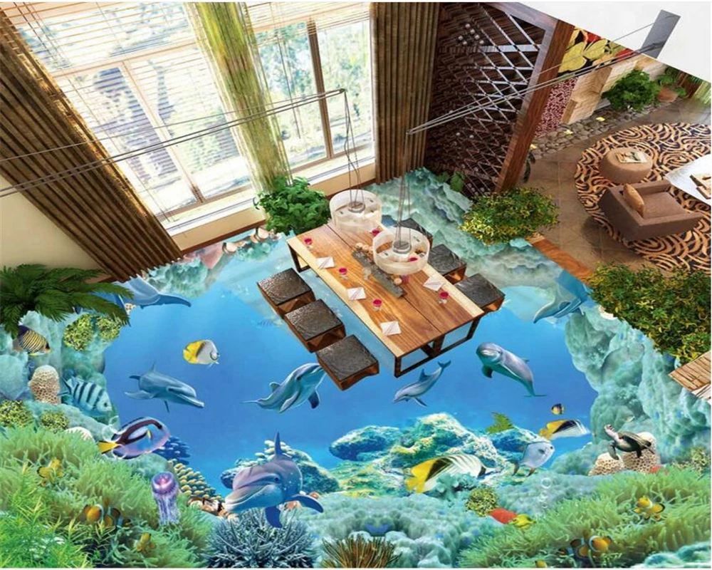 

Beibehang HD underwater world floor murals 3D wallpaper floor living room PVC waterproof floor self - adhesive 3d flooring mural