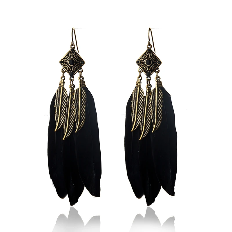 2016 Fashion Charms Vintage Drop Long Earrings feather black dangle earrings Jewellery bohemian | Украшения и аксессуары