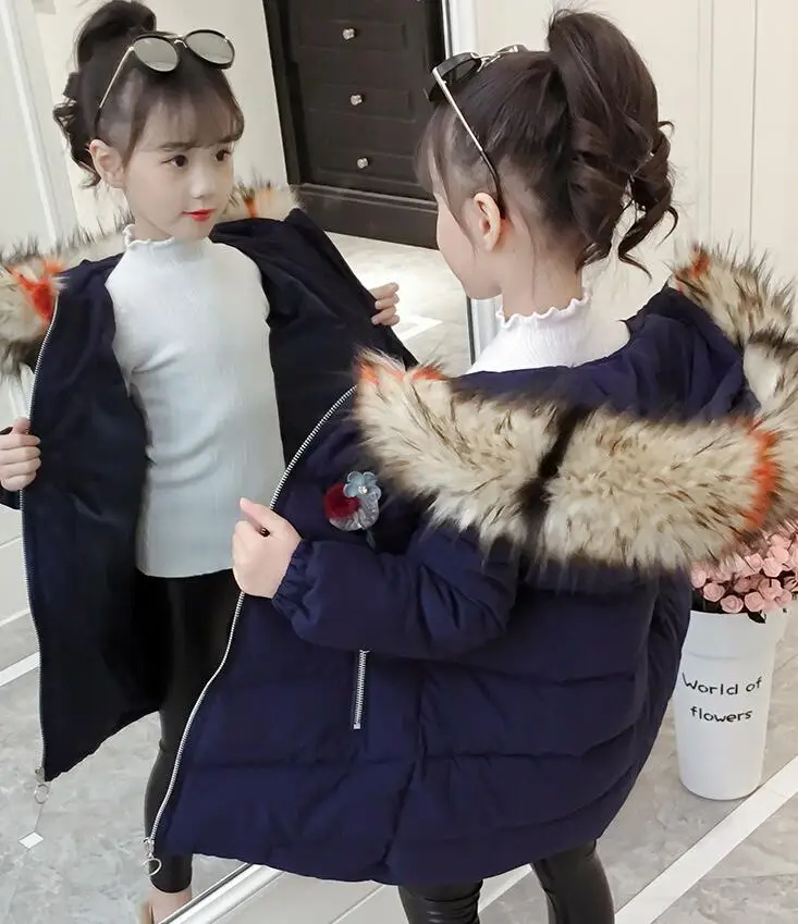 

Rlyaeiz Children's Coat 2018 Winter Jacket For Girls Fashion Fur Collar Kids Mid-long Floral Hooded Thicken Warm Parka Outwear