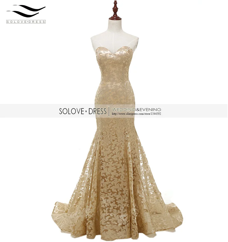 Женское платье с открытыми плечами Slovedress элегантное золотистое кружевное