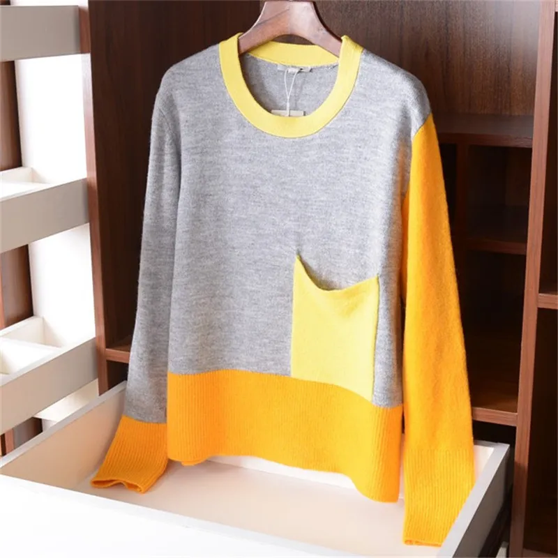 

wool polyamide blend knit women fashion contrast color patchwork Oneck pullover sweater XS-M retail wholesale