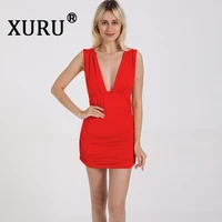xuru summer new womens dress sexy sleeveless slim deep v neck pleated womens dress white red black dress
