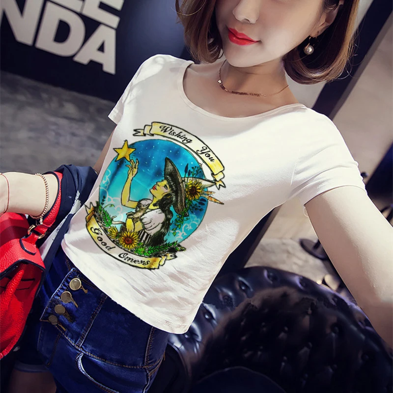 Sexy Crop Top T Shirt Women Short Sleeve O-Neck T-Shirt Summer Funny Wish Good Omens Gothic Harajuku Aesthetic Brand Tee Femme | Женская