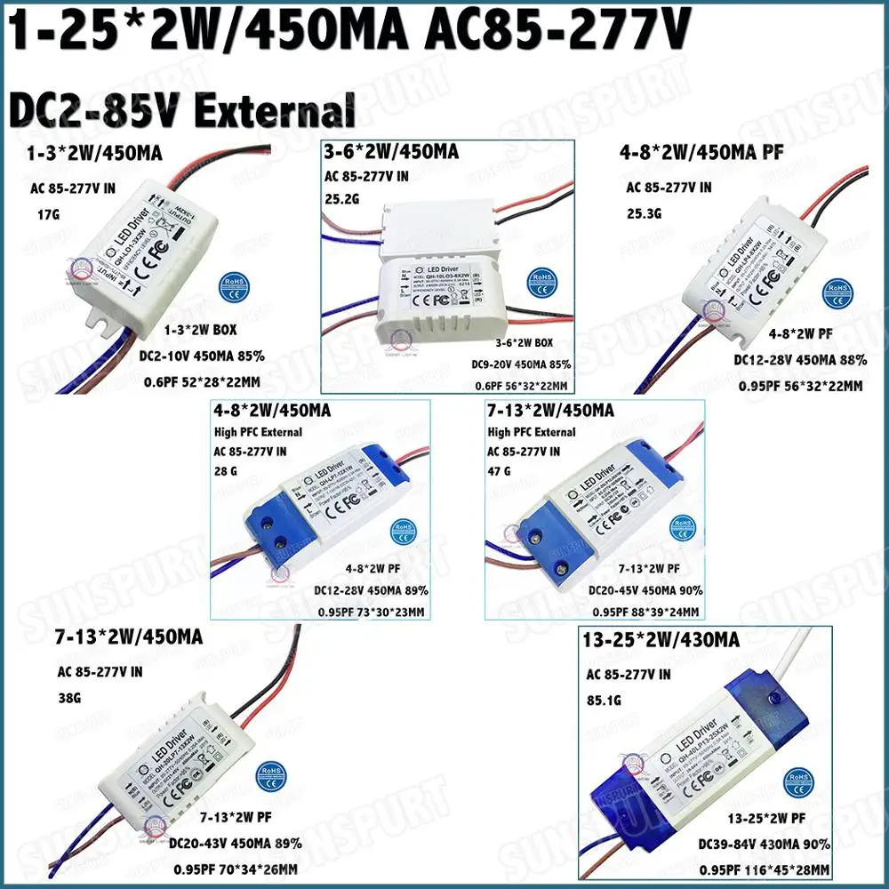 

External 1-36W Isolation AC85-277V LED Driver 1-3x2W 3-6x2W 4-8x2W 7-13x2W 13-25x2W 450mA DC2-85V Constant Current Free Shipping