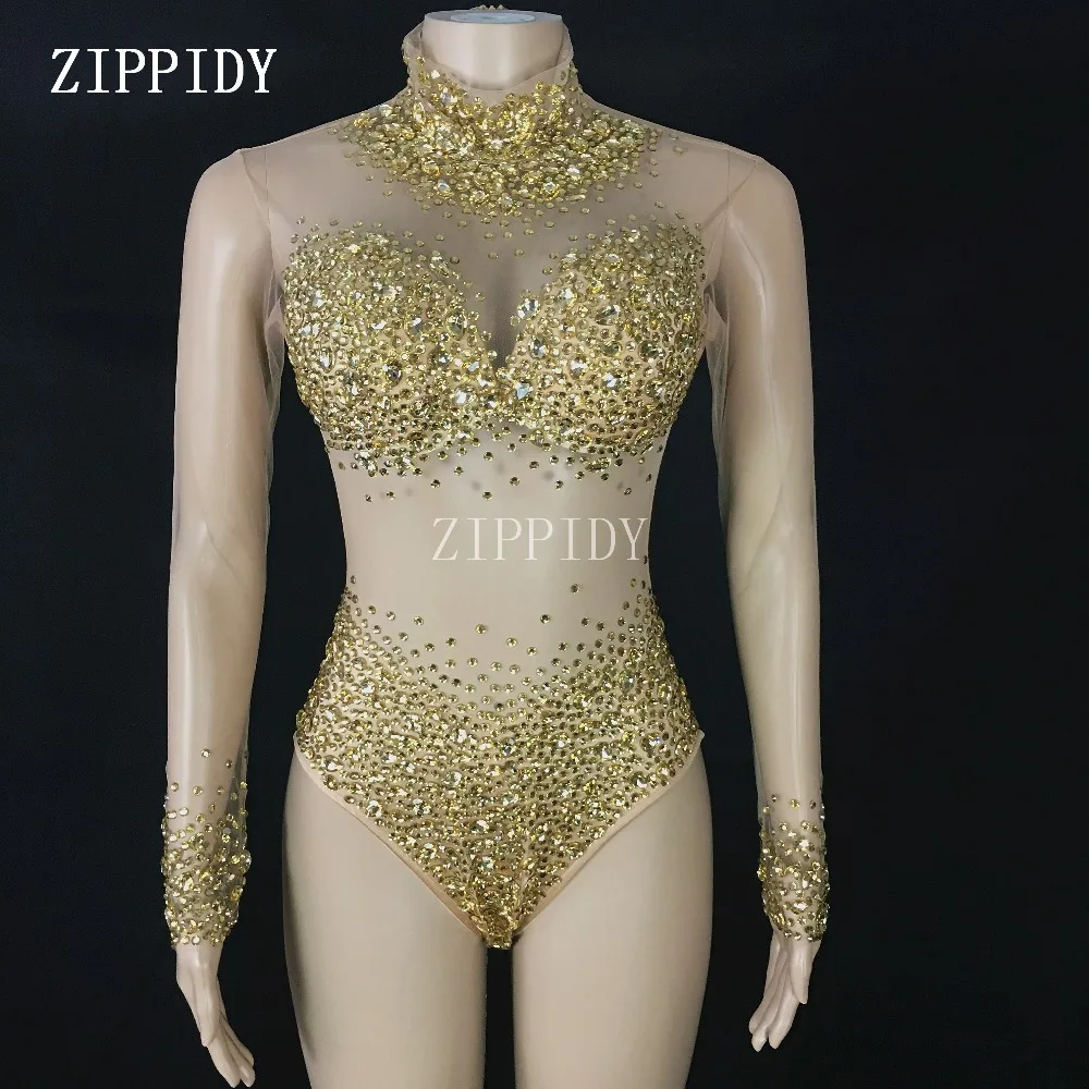 4 Colors Crystals Mesh Bodysuit Big Stones Stage Wear Female Singer Leotard Women's Evening Party Wear Sexy Perspective Outfit