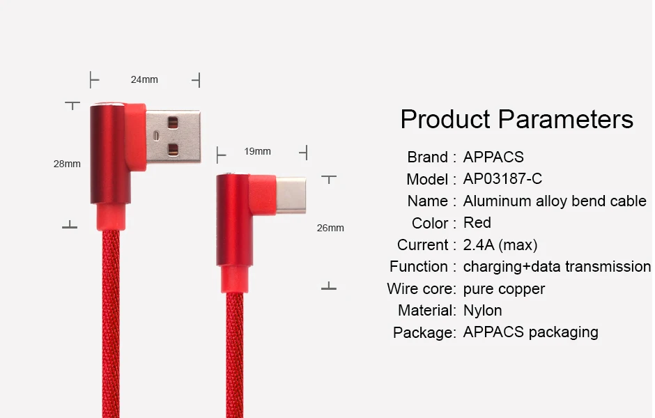 APPACS usb type-C кабель 2.4A USB C зарядное устройство Быстрая зарядка и синхронизация данных 90 градусов type-c кабель для samsung Note 8 S8 Oneplus USB-C