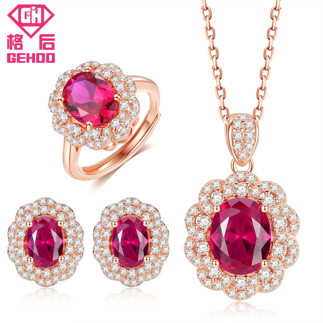 3in1 Jewelry Set GEHOO, женский ювелирный набор, красные камни, камень, цветок, подвеска, 925 пробы, серебро, цирконы, ожерелье и серьги-гвоздики и кольцо, свадебный подарок - Цвет камня: 3in1 Jewelry Set